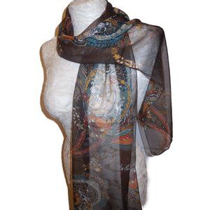 Scarf chiffon brown paisley lightweight long rectangle NEW